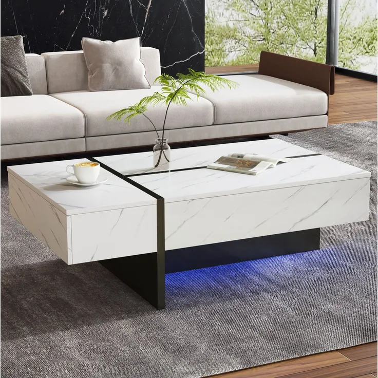 Couchtisch 105x60x35 cm mit 3 Schubladen und LED – Wohnzimmertisch in Weiß mit Hochglanzplatte