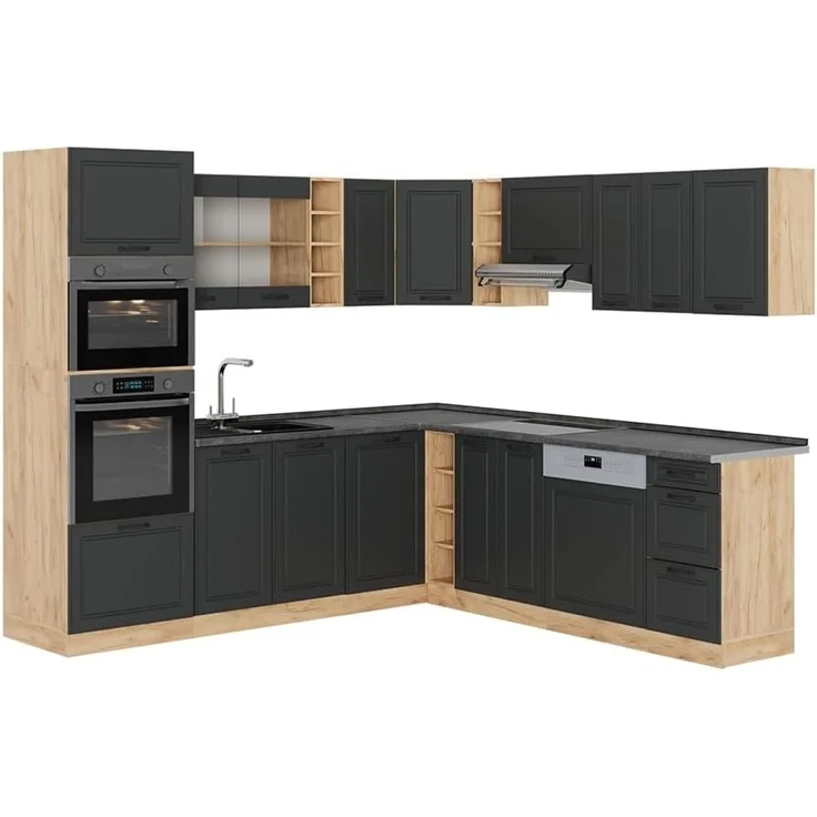 Eckküche R-Line Anthrazit Landhaus/Goldkraft Eiche 247 x 237 cm, AP Anthrazit Vicco – Bild 1