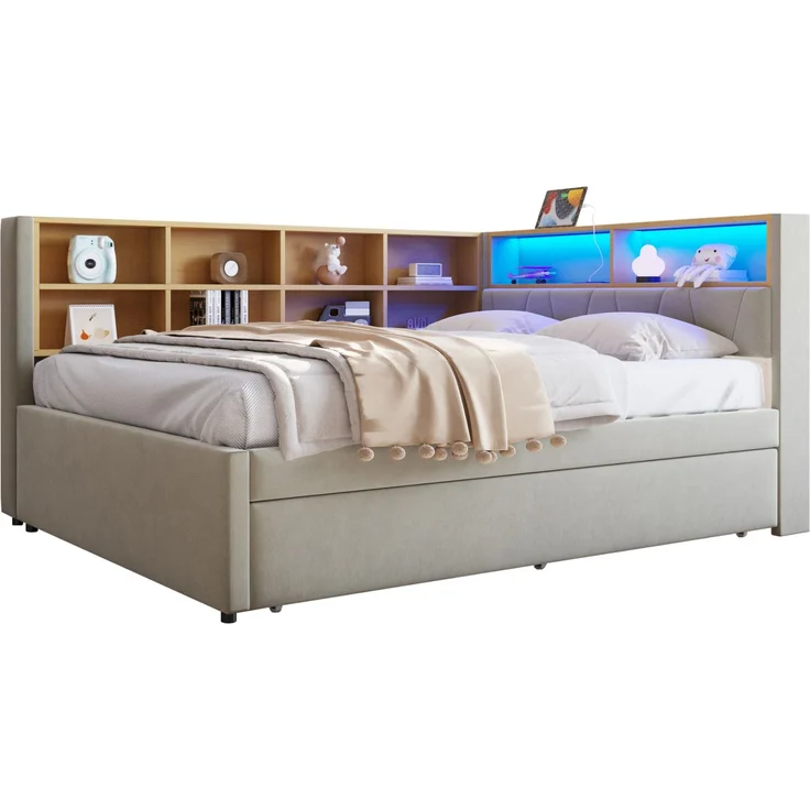 CHICFURN Bett aus Flanell Hellgrau 140x200 cm mit Ausziehbett 90x190 cm und LED-Beleuchtung – Bild 6