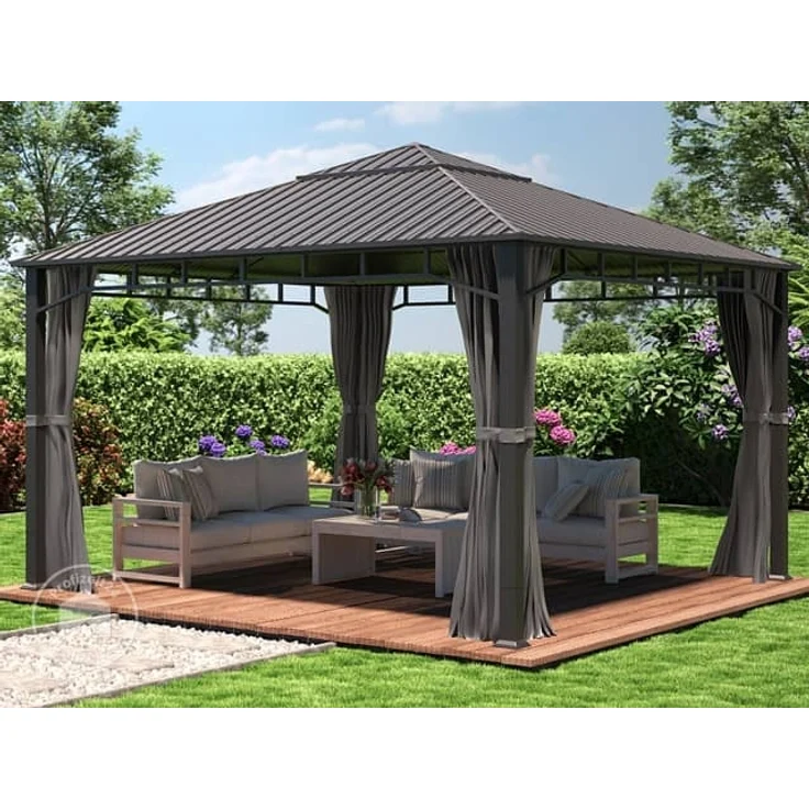 Gartenpavillon 4x4 m Stahldach Hardtop 4 Seitenteile in Grau, Pfosten 9x9 cm – Bild 1