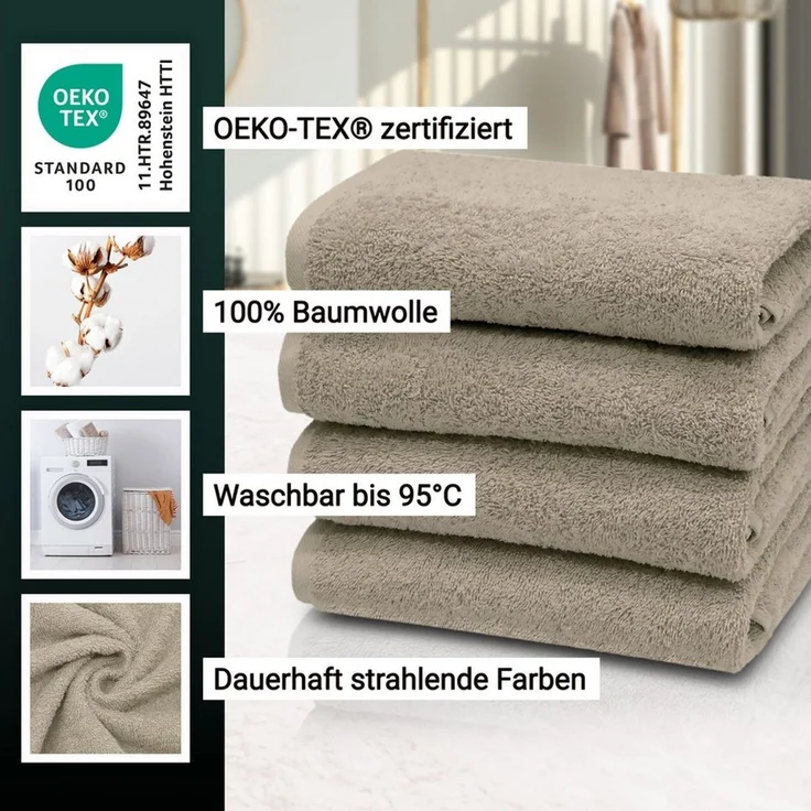 ZOLLNER 4er Set Handtücher aus Baumwolle, 50x100 cm, hellbraun (cappuccino) – Bild 3