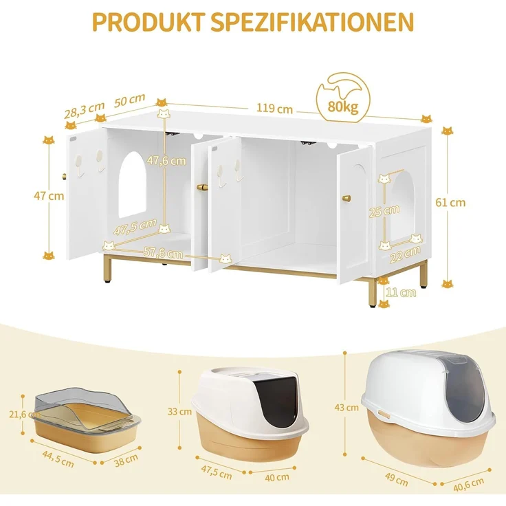 Katzenschrank für 2 Katzen, 119cm Versteckte Katzentoilettenmöbel, Hölzernes Haustierhaus, Aufbewahrungsschrankbank, Passend für die Meisten Katzentoilettenkä, Weiß und Gold – Bild 8