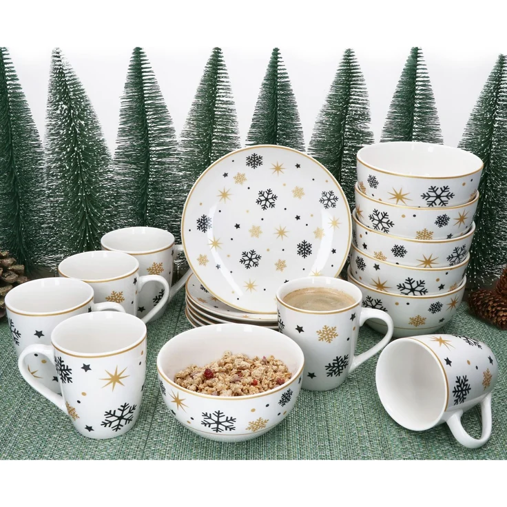 18tlg Frühstücksset Stars schwarz gold Steingut 6 Personen Teller Schale Becher – Bild 3