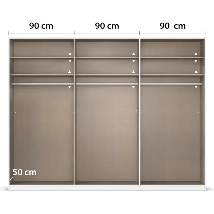 Rauch Möbel Alabama, Kleiderschrank, Garderobenschrank, 6-türig, Spiegel, Zubehör Basic, 3 Kleiderstangen, 6 Einlegeböden, Farbe Weiß, Griff Grau metallic, 271 x 229 x 54 cm – Bild 8
