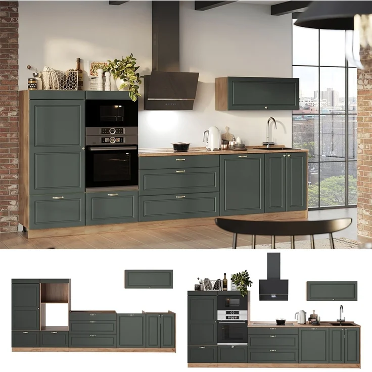 Küchenzeile Fame-Line Grün-Gold Landhaus/Goldkraft Eiche 340 cm, AP Marmor Vicco – Bild 4