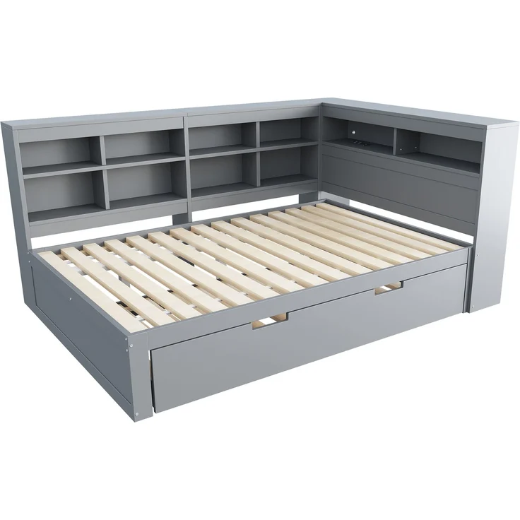 Massivholz Doppelbett 140×200 mit Ausziehbett 90×190, USB-Ladestation & Stauraum, multifunktionales Schlafsofa,Grau – Bild 8