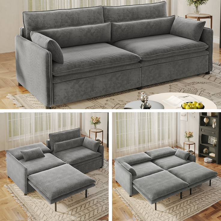 EINHOM 206 cm 3-Sitzer Chenille-Wolken-Sofa, 3-in-1 ausziehbares Schlafsofa mit Staufach, verstellbarer Rückenlehne, 2 beweglichen Armlehnkissen, geeignet für Wohnzimmer, Apartment, Schlafzimmer, hellgrau – Bild 3