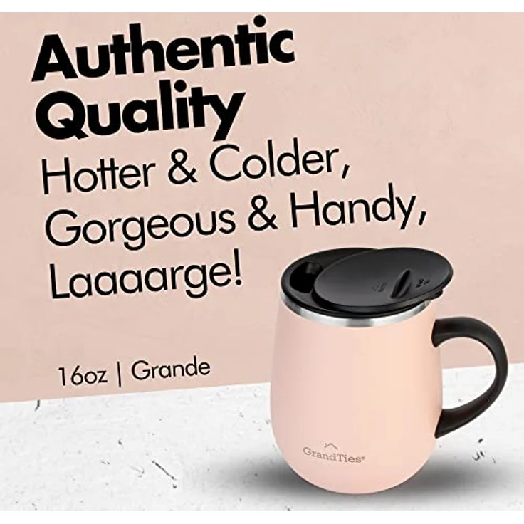 Grandties Insulated Coffee Mug with Handle, Sliding Lid for Splash-Proof 16 oz Wine Glass Shape Thermal Tumbler with Double Walled Vacuum Stainless Steel to Keep Beverages Hot or Cold- Peach Crème – Bild 3