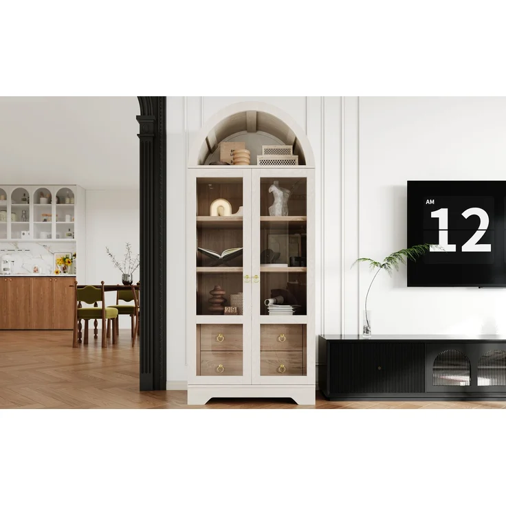 ZUBALIYA Highboard mit verstellbaren Regalböden und Schubladen / Küchenschrank mit transparentem Glas und großem Stauraum, mit ideal für Esszimmer und wohnzimmer und Küche (Weiß) – Bild 3