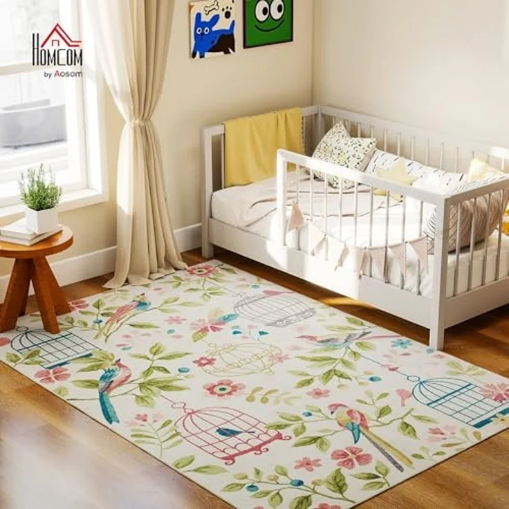 HOMCOM Teppich maschinenwaschbarer Wohnzimmerteppich rutschfester Flächenteppich, Rechteckig, Höhe: 7 mm, für Schlafzimmer, Wohnzimmer, Cremeweiß+Rosa – Bild 3