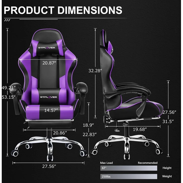 GTPLAYER Bürostuhl Gaming Stuhl Massage Gaming Sessel Ergonomischer Gamer Stuhl mit Fußstütze, Gepolstert Gaming Chair, Drehsessel 150KG, lila – Bild 7