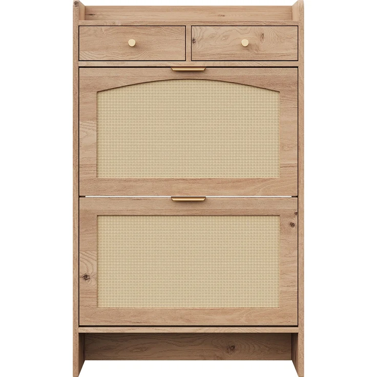 ZUBALIYA Schuhschrank (65 x 25 x 106 cm), 2 Klappfächer und 2 Schubladen, Fronten in Flechtoptik, Aus Spanplatte, Naturfarben – Bild 15