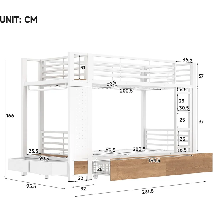 CHICFURN Etagenbett aus Metall und MDF Weiß 90x200 cm mit LED-Beleuchtung und Stauraum – Bild 10