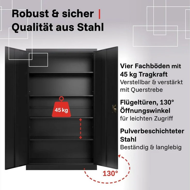 LagerZwei Aktenschrank Stahlschrank 195x100x50 cm (Packung, 2-St, 2er-Set) 3-fach verriegelt, 4 Böden, bis 60 Ordner, Flügeltüren 130° – Bild 2