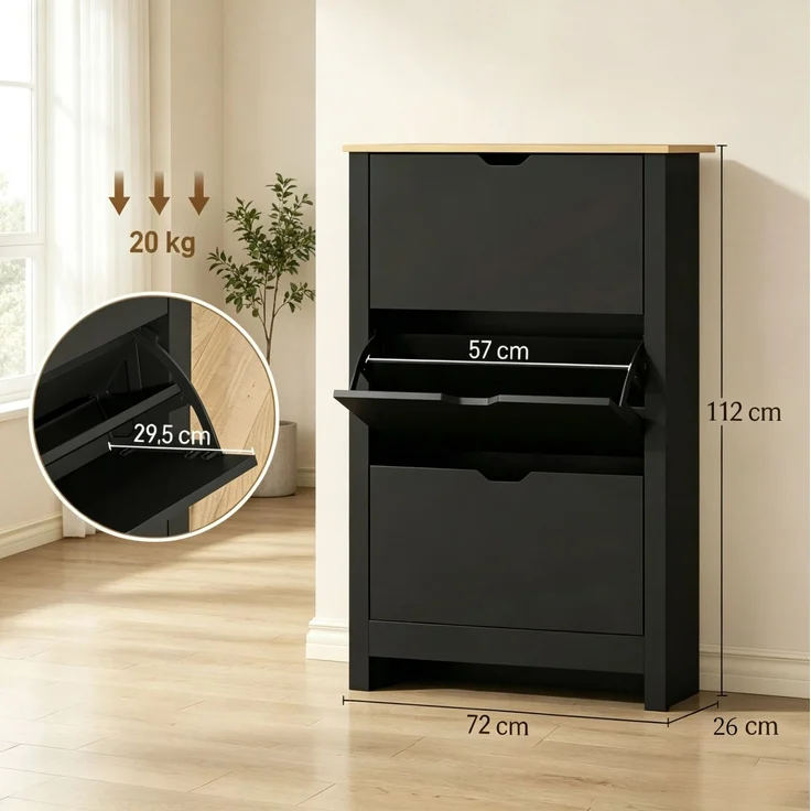DESVIAE Garderobenschrank Schwarz aus Spanplatte – 72x112x26 cm – 3 Klapptüren – Bild 9