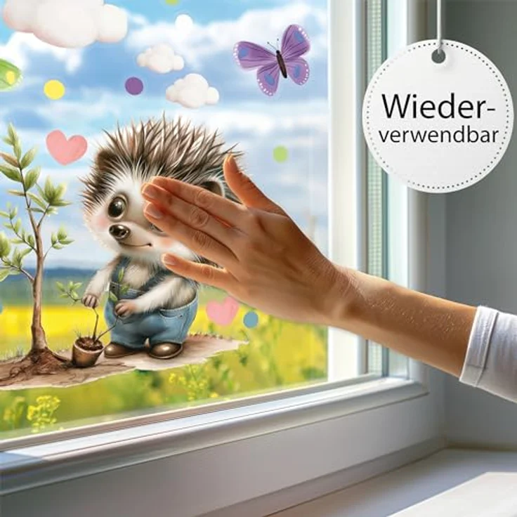 Sunnywall Fensterdekoration wiederverwendbares Fensterbild Igel Gärtner in Latzhose, wiederverwendbar, statisch haftend, beidseitiger Druck – Bild 4