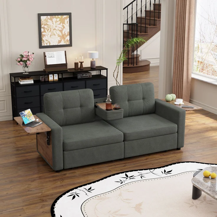 ZUBALIYA Schlafsofa 71x57.5 cm, mit Schreibtisch, mit Schubladen, mit Stauraum, mit Ablageflächen, mit Ausziehbett, Grau – Bild 8