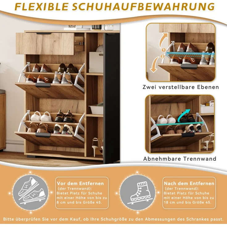 CHICFURN Schrank 140x139x35 cm mit Schuhbank, Spiegel und Haken – Natur/Schwarz – Bild 4