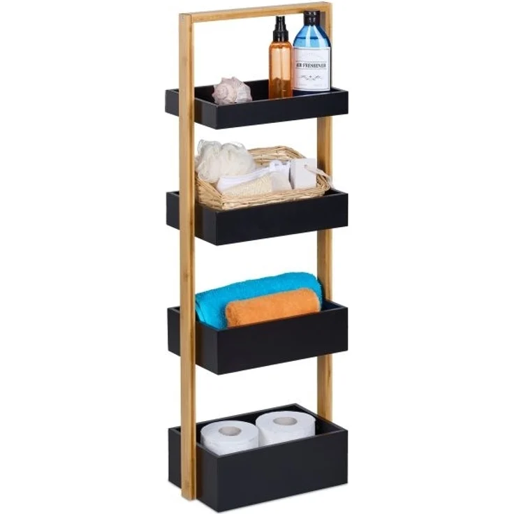 Relaxdays Badregal mit 4 Ablagen, Bambus schwarz / natur, 30 x 18 x 88 cm – Bild 1