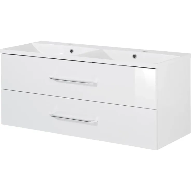 FACKELMANN B.CLEVER Waschbecken mit Unterschrank 120 cm, Weiß, Doppelwaschbecken Gussmarmor Weiß