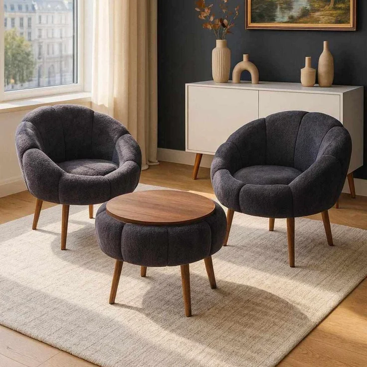 Hanah Home Elegantes Ohrensessel- und Couchtisch-Set (3-teilig), Anthrazit, 100% Leinen und Esche | 18 mm melaminbeschichtet | Moderner Komfort – Bild 2