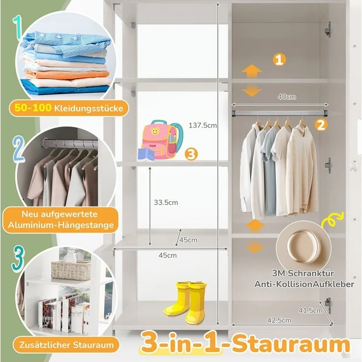BlingBin Hochbett Kinderbett Einzelbett Jugendbetten 90×200CM (1-St, Weiß, Hochwertiges Material, Leicht zu Montieren) mit Kleiderschrank und 6 Regalen – Bild 3
