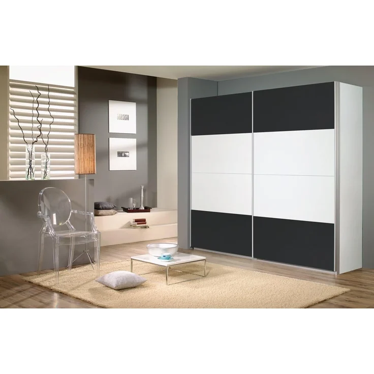 Rauch Möbel Quadra Kleiderschrank, Schwebetürenschrank, 2-türig, inkl. Zubehörpaket Basic 3 Einlegeböden 3 Kleiderstangen, Farbe Alpinweiß/Grau metallic, BxHxT 270 x 210 x 62 cm – Bild 2