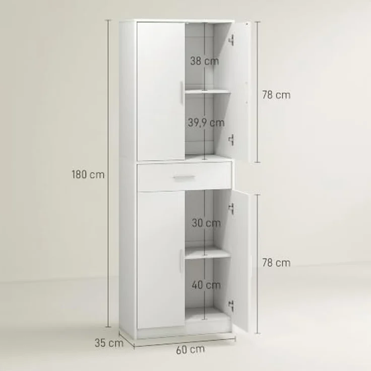 HOMCOM Küchenbuffet Hochschrank Vorratsschrank Einlegeböden Skandinavisches Design (freistehender Küchenschrank mit Schublade, 1-St, Vitrinenschrank mit verstellbaren Regalen) 60 x 35 x 180 cm, Weiß – Bild 3