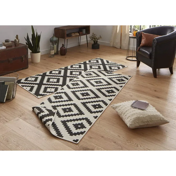In- & Outdoor Teppich Malta Schwarz Creme - 80x350x0,5cm