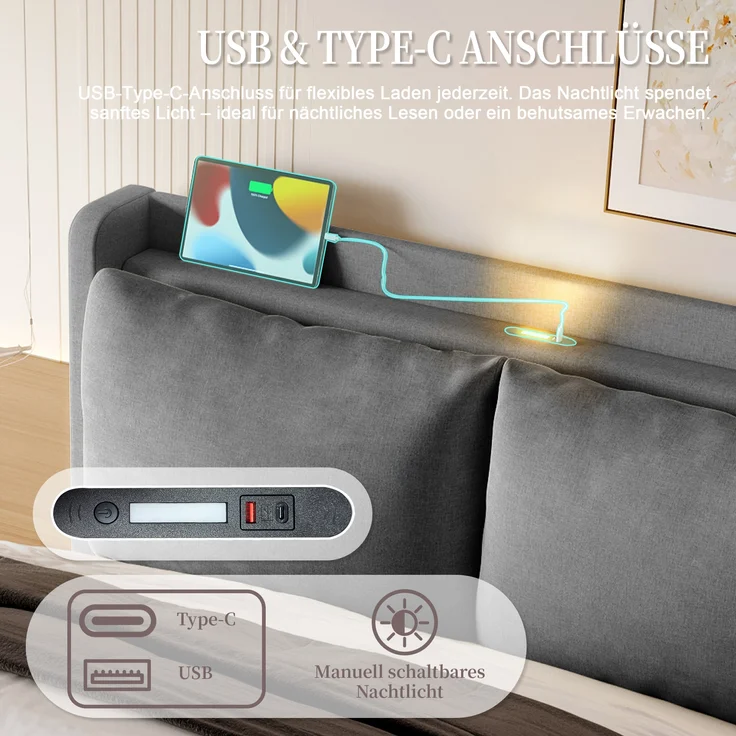 LVHOM Polsterbett 140x190cm mit LED&USB, Doppelbett mit Stauraum, Stauraumbett mit abnehmbaren Kissen, Bettgestell Massiv, Samtstoff, Grau – Bild 5