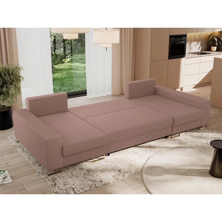 U-förmiges Ecksofa auf goldenen Metallbeinen, mit Schlaffunktion und drei Bettkästen für das Wohnzimmer - DORIAN U - Rosa Boucle – Bild 5