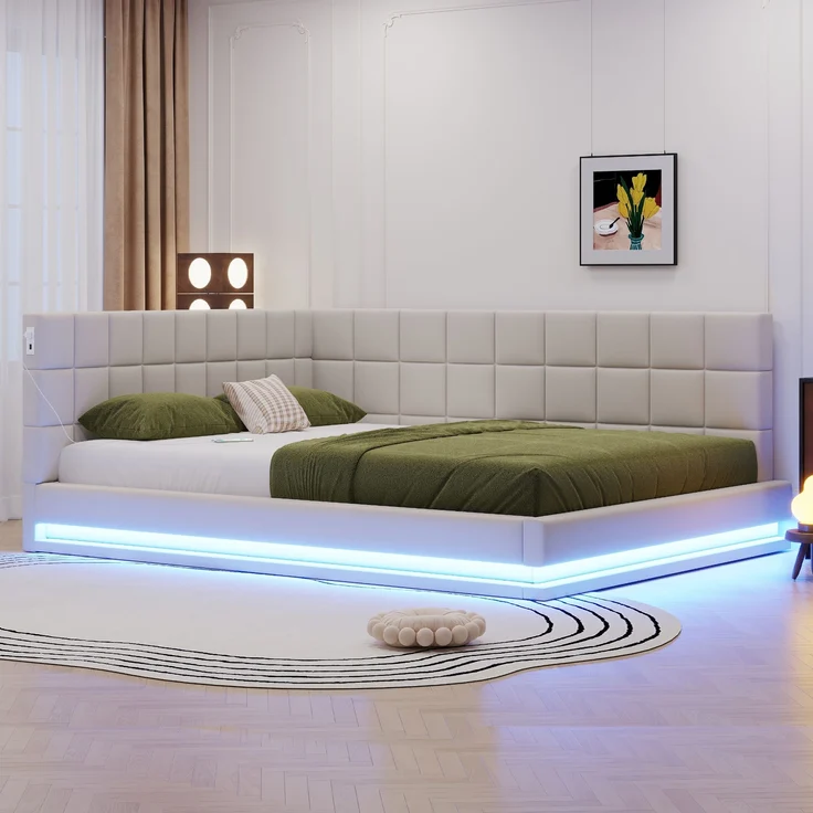 Polsterbett 160x200 cm aus Leinen mit LED-Beleuchtung und USB-Anschluss – Schlafsofa mit Lattenrost – Bild 3