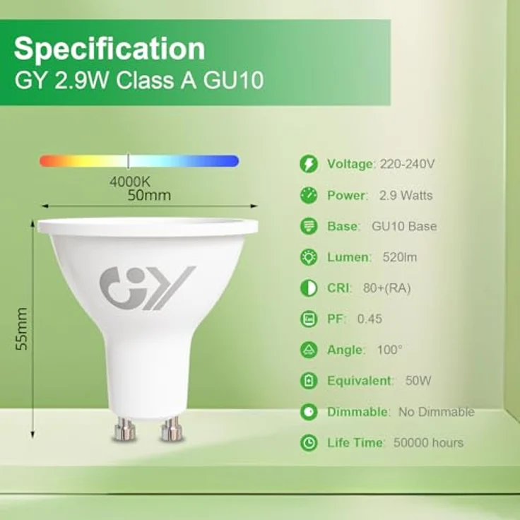 GY GU10 LED Neutralweiss Lampe 2,9W 520 lúmenes 4000K Neutralweiß Glühbirnen, 50W lampe ersetzt, Abstrahlwinkel 110° Leuchtmittel, Nicht Dimmbar Energiesparlampe, 5er-Pack – Bild 2