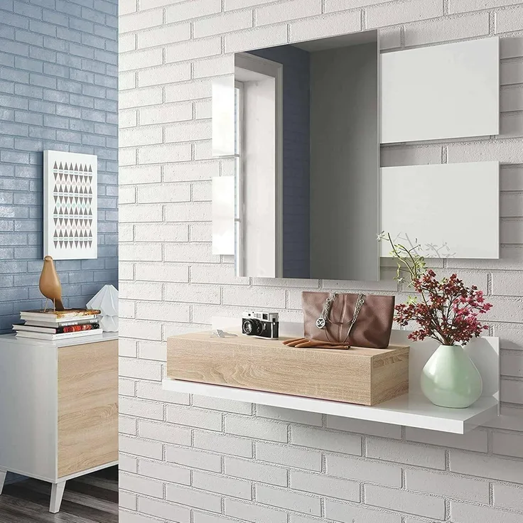 Dmora - Schrank für die Eingangshalle Erie, Abgehängte Eingangshalle mit Spiegel, Schrank mit Schublade für den Eingang, cm 75x29h90, Glänzend weiß und Walnuss