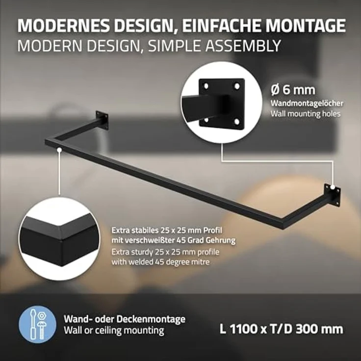ML-DESIGN Kleiderstange Wandgarderobe Rechteck für die Wand aus Stahl inkl. Montagematerial (1 St), Garderobenstange 110x30 cm Schwarz U-Form Kleiderständer Kleidergestell – Bild 3