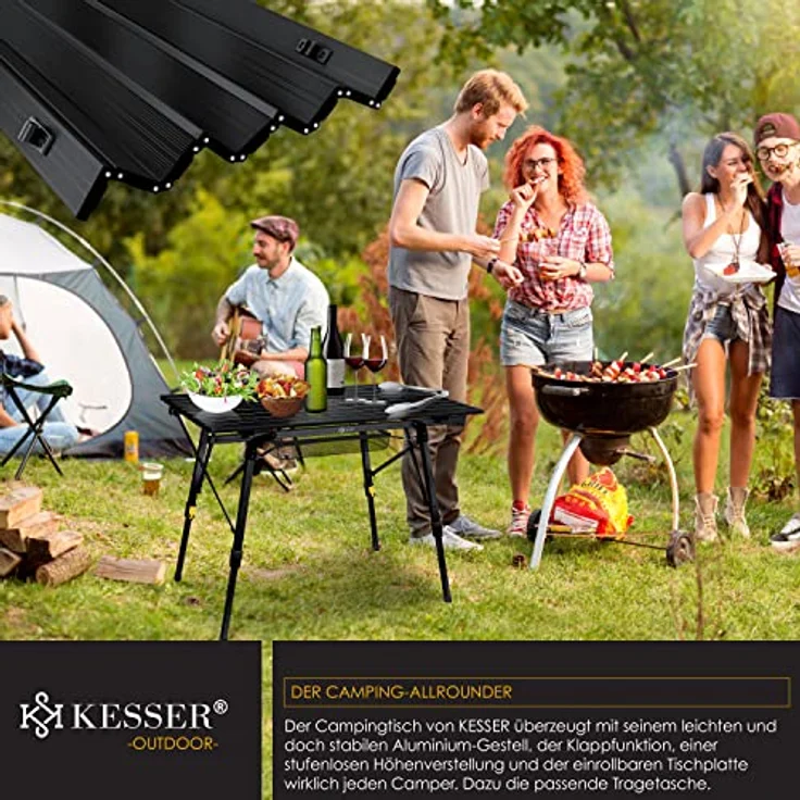 KESSER® Campingtisch faltbar Klapptisch mit Aluminiumrahmen Aufrollbare Tischplatte Falttisch klappbar höhenverstellbar inkl. Tragetasche mit Trageband & Netztasche Schwarz – Bild 9