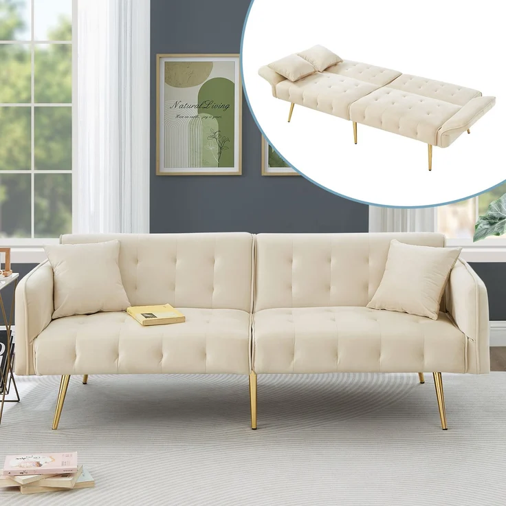 Zweisitzer-Sofabett, verstellbare Rückenlehnen & Armlehnen, Velours, beige, 178x82x70 cm – Bild 1