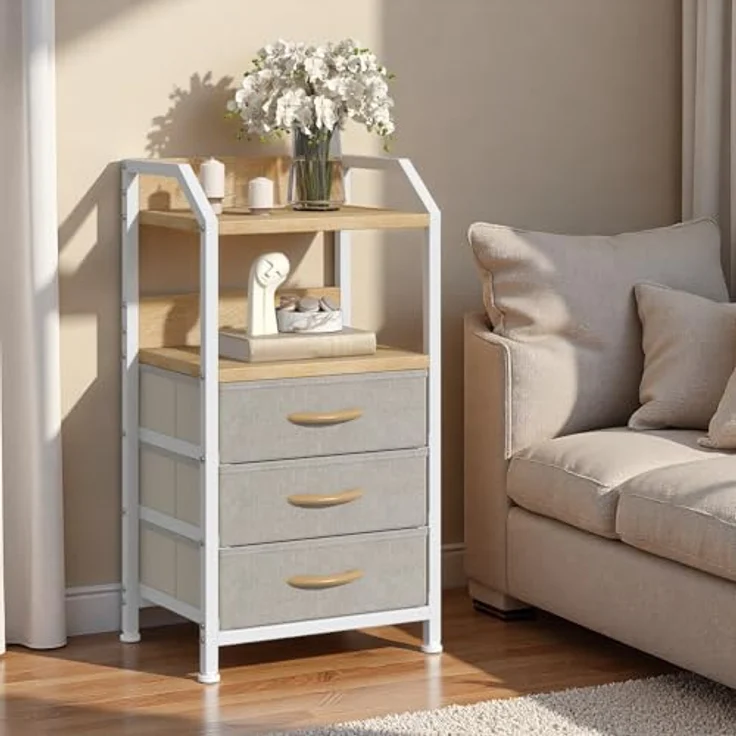 Feonase Nachttisch mit 3 Stoff-Schubladen, Kleine Kommode & Beistelltisch, 2-Fach MDF-Nachtschrank mit offenem Fach, moderner Side Table für Schlafzimmer, Wohnzimmer, Khaki – Bild 1