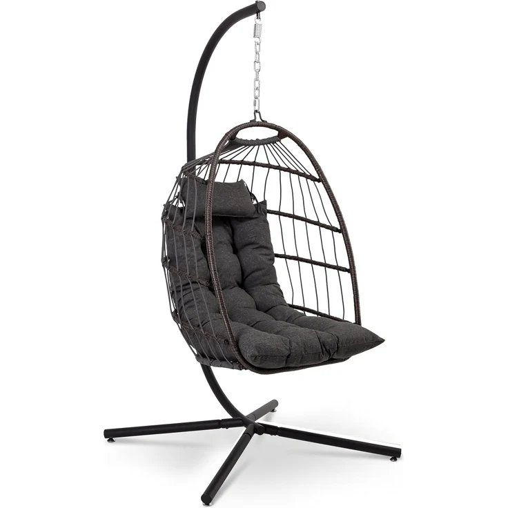 SereneLife Hängesessel mit Gestell – Rattan Hängesessel für Kinder & Erwachsene Wetterfest – Schaukel Outdoor & Indoor bis 250 kg mit Dicke Kissen – Faltbarer Hängestuhl für Balkon & Wohnzimmer