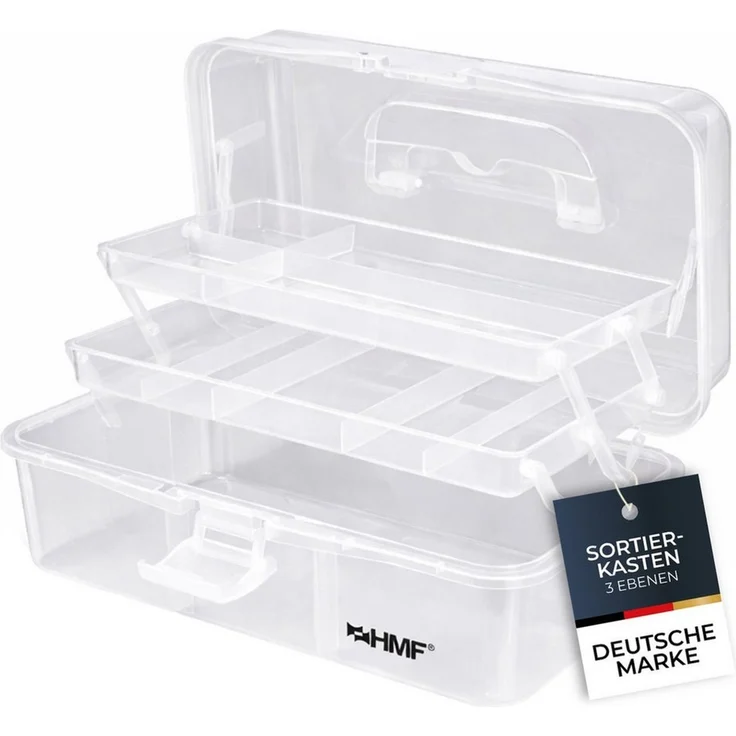 HMF Aufbewahrungsbox Nähkasten aufklappbar mit 3 Ebenen, Sortierbox mit 8 Fächern für, Kleinteile, 36,5 x 20,5 x 16 cm, Transparent – Bild 5