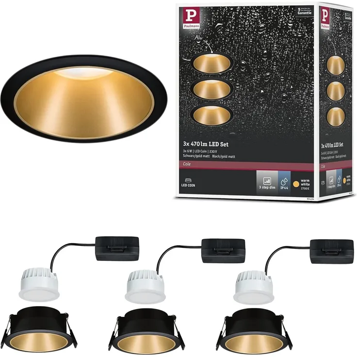 Paulmann No. 93404 Einbauleuchten Set LED Cole 3x6,5W Gold Schwarz 3-Step dimmbar 2700K
