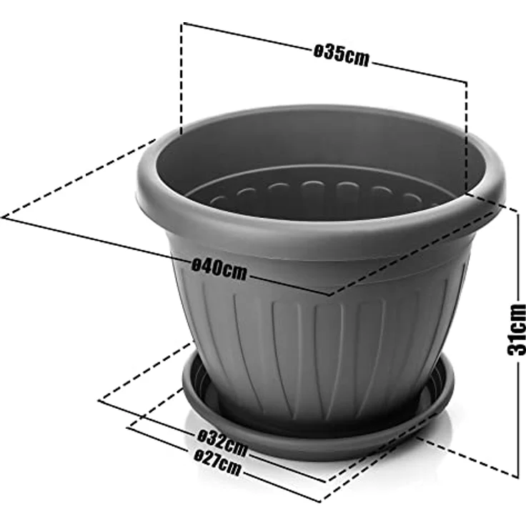 BigDean 3x Blumentopf mit Untersetzer rund ø40xH31 cm anthrazit - wetterfester Pflanzkübel - Wasserablauf UV-beständig aus bruchsicherem Kunststoff - Innen + Außen geeignet - Made in Europe – Bild 8