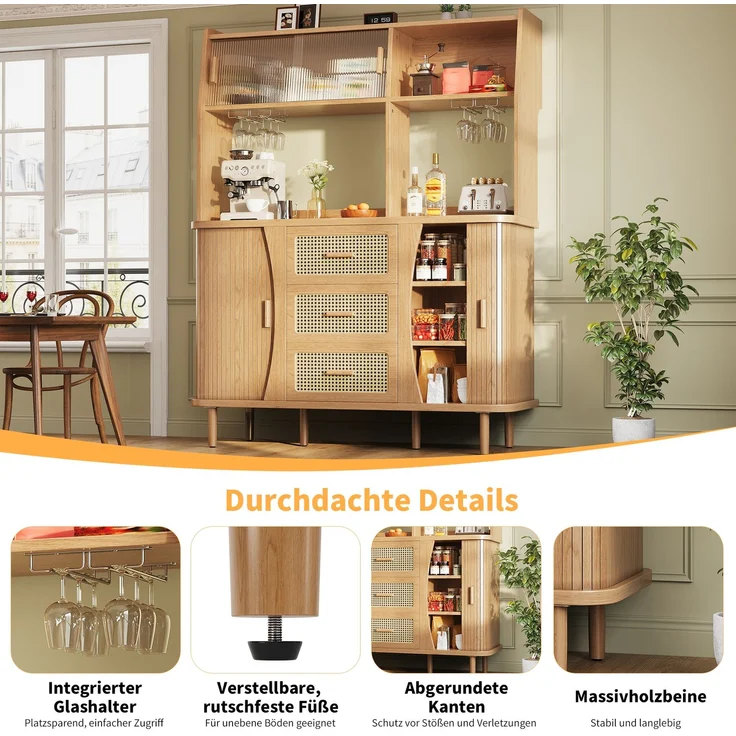 Merax Hochwertiger Buffetschrank mit Rattanoptik & Glasschiebetüren, 174,5cm hoher Küchenschrank mit Stauraum, Naturholz-Optik, belastbar bis 60kg – Bild 6