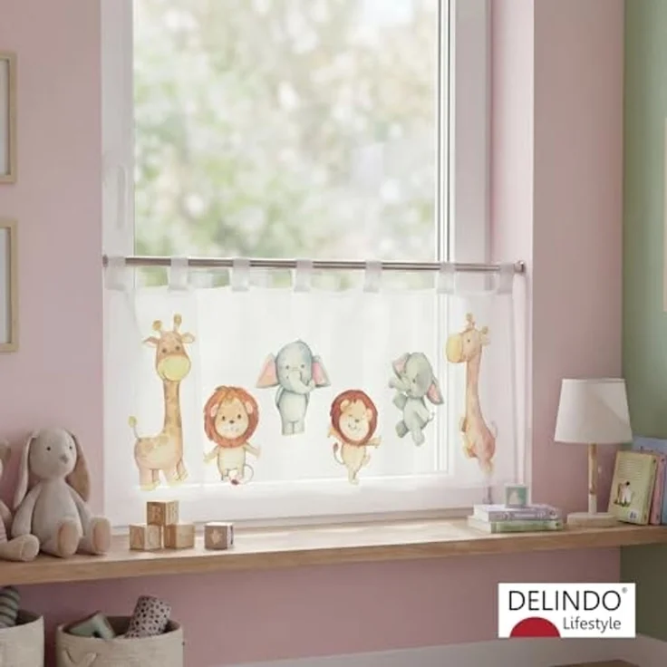 Delindo Lifestyle Scheibengardine Kinderzoo (1 St), Schlaufen, halbtransparent, Voile, mit Schlaufenaufhängung für die Küche – Bild 3