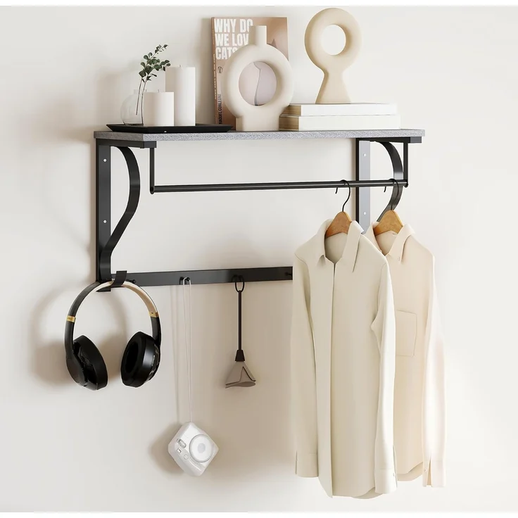 HOMCOM Garderobenleiste mit Ablage, 5 Haken und Stange (Wandgarderobe, 1 St, Wandregal), für Flur, Wohnzimmer, Schlafzimmer, Badezimmer Grau – Bild 6