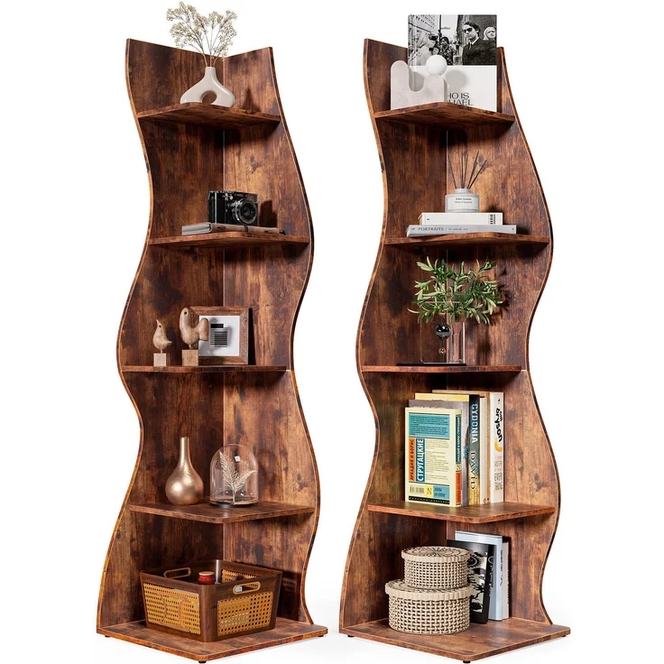 LITTLE TREE Bücherregal Ecke, Modernes Regal Schmal mit 6 Ebenen, 50 x 48 x 179 cm Bücherregal Holz, Standregal mit Wellen-Design für Kleine Räume, Wohnzimmer & Schlafzimmer, Rustikal, 2er Pack – Bild 1