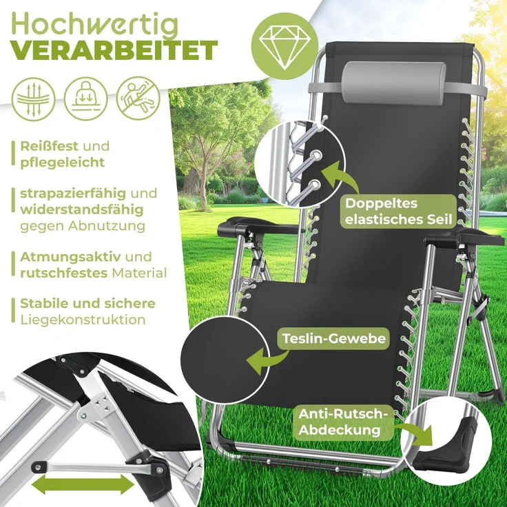 KESSER® Sonnenliege Liegestuhl Klappbar Mit Getränkehalter Gartenstuhl Mit Auflage Polster, Liegestuhl, Extra groß Gartenliege, Verstellbar Rückenlehne Garten Liege mit Kissen-Unterstützung Grau – Bild 4