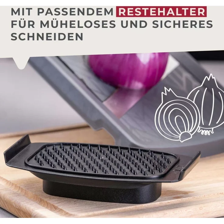 Fackelmann Gemüsehobel mit Restehalter grau Rostfrei 31×12×3,5 cm – Bild 2