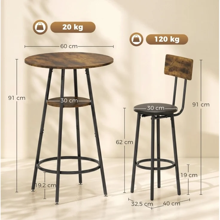 Bartisch-Set für 2 mit Ablageregal, gepolsterten Hockern und Rückenlehnen, 60x60x91 cm, Rustikalbraun – Bild 4