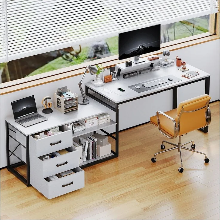 Furnicopia Eckschreibtisch 140cm mit Monitorarm, Computertisch mit drehbarer Tischplatte (Flexibel und schwenkbar, mit Steckdosen (2 Steckdosen + 2 USB-Anschlüsse), 3 großen Schubladen, 2 Ablageflächen) – Bild 2
